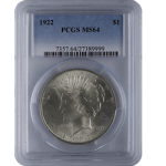 SILVER DOLLARS - 1921-1935 AMERICAN SILVER PEACE DOLLAR PCGS64