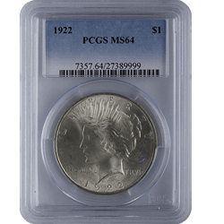 SILVER DOLLARS - 1921-1935 AMERICAN SILVER PEACE DOLLAR PCGS64