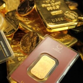gold bars coins close up